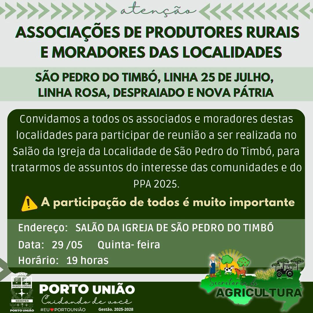 Prefeitura de Porto União convida produtores rurais para reunião sobre o PPA 2025